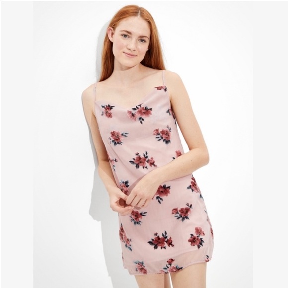 American Eagle Outfitters Dresses & Skirts - American Eagle Pink Velvet Floral Cowl Neck Slip Mini Dress Size XS